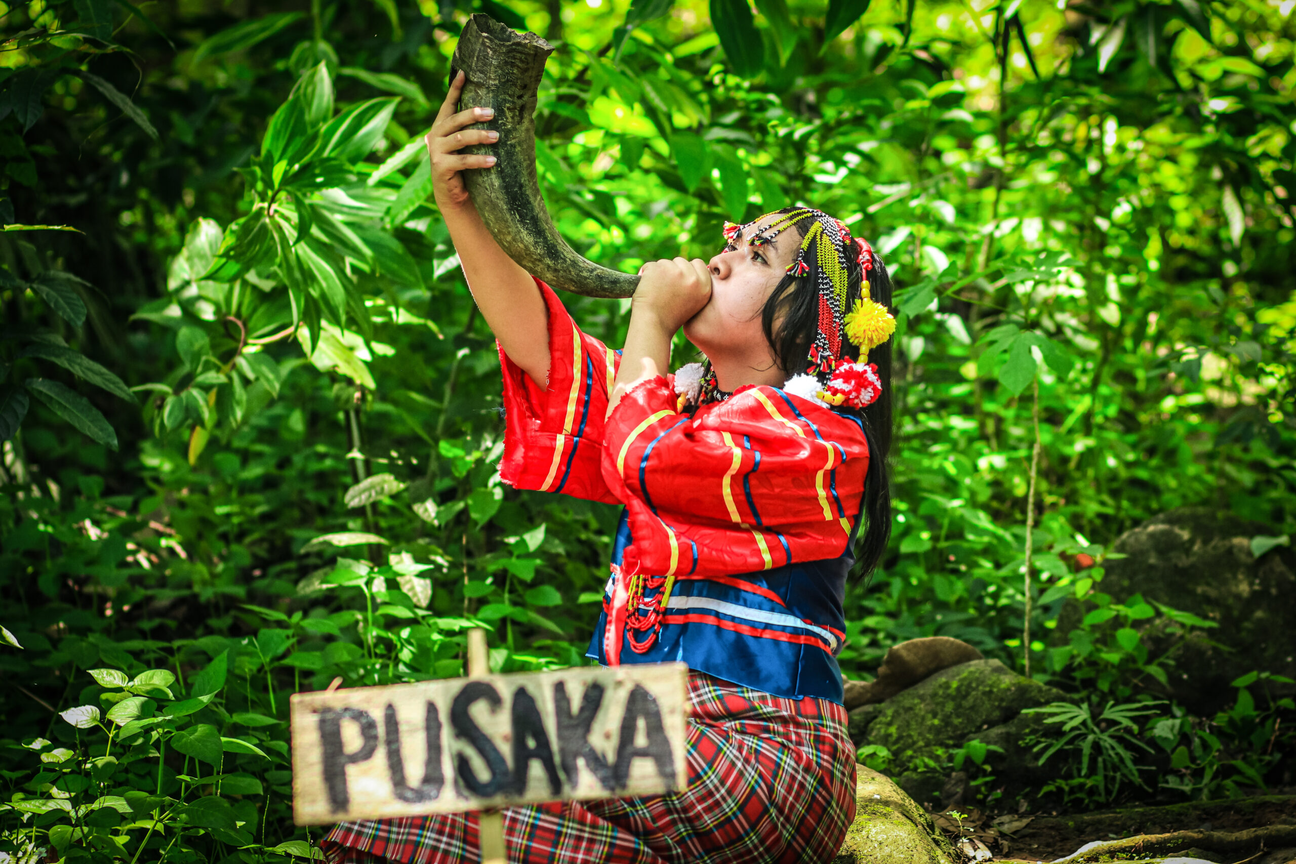 Joven indigena de la tribu Obu Manuvu  de Indonesia sosteniendo un cuerno para llamar a Pusaka, es espíritu del bosque. 
Ganadores del Concurso de Fotografía “Soluciones Innovadoras de Pueblos Indígenas”.
Nombre de la fotografía: Pusaka. Autor: Prince Loyd C. Besorio 