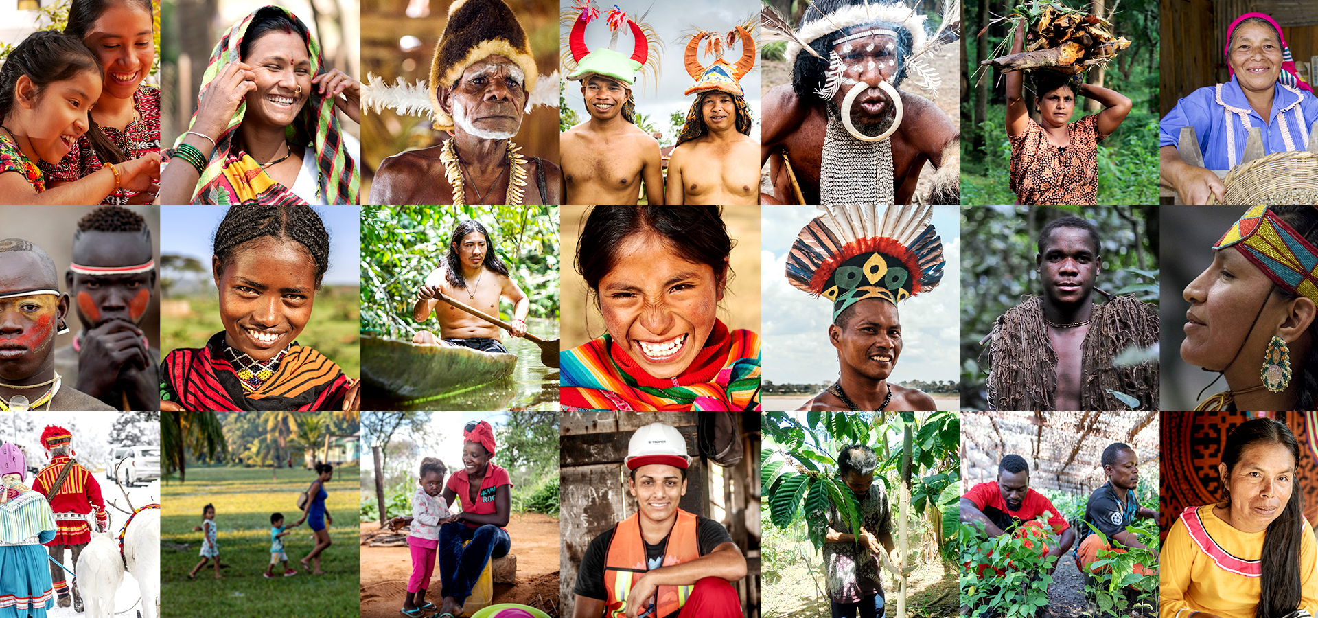 Banner taller de formación en Negociación de Cambio Climático - Collage de retratos de Pueblos Indígenas del mundo